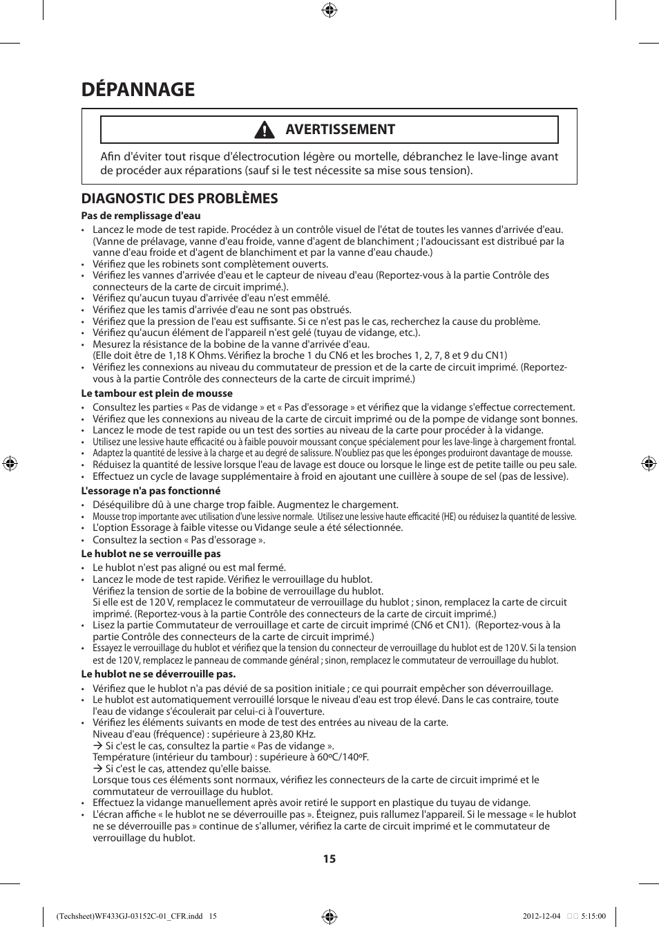 Dépannage, Diagnostic des problèmes, Avertissement | Samsung WF433BTGJWR-A1 User Manual | Page 35 / 60