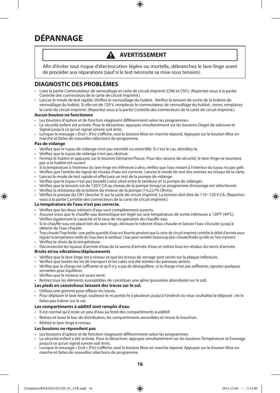 Dépannage, Diagnostic des problèmes, Avertissement | Samsung WF433BTGJWR-A1 User Manual | Page 36 / 60
