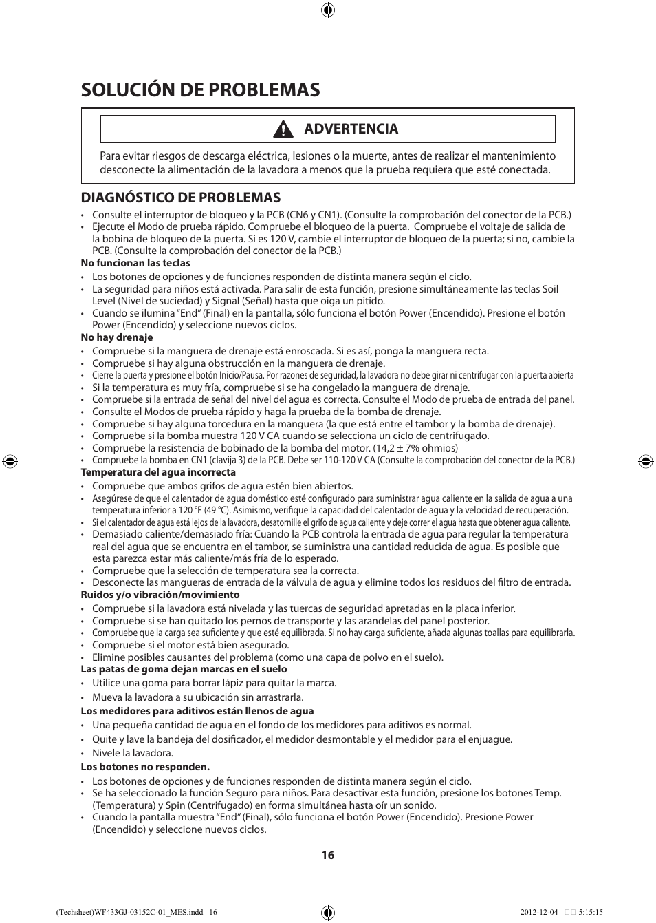 Solución de problemas, Diagnóstico de problemas, Advertencia | Samsung WF433BTGJWR-A1 User Manual | Page 56 / 60
