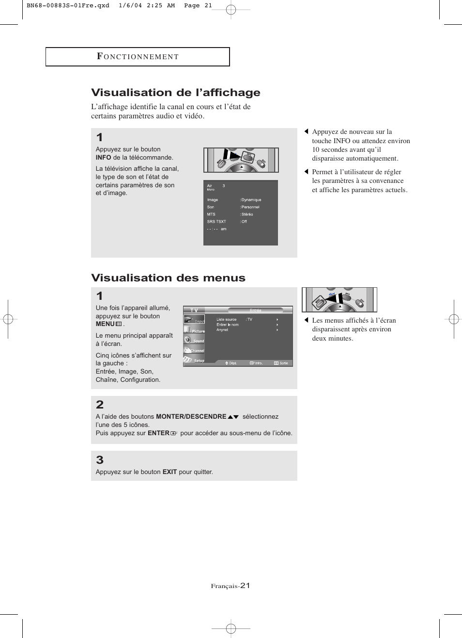 Visualisation de l’affichage, Visualisation des menus | Samsung LNR238WXCX-XAA User Manual | Page 112 / 258