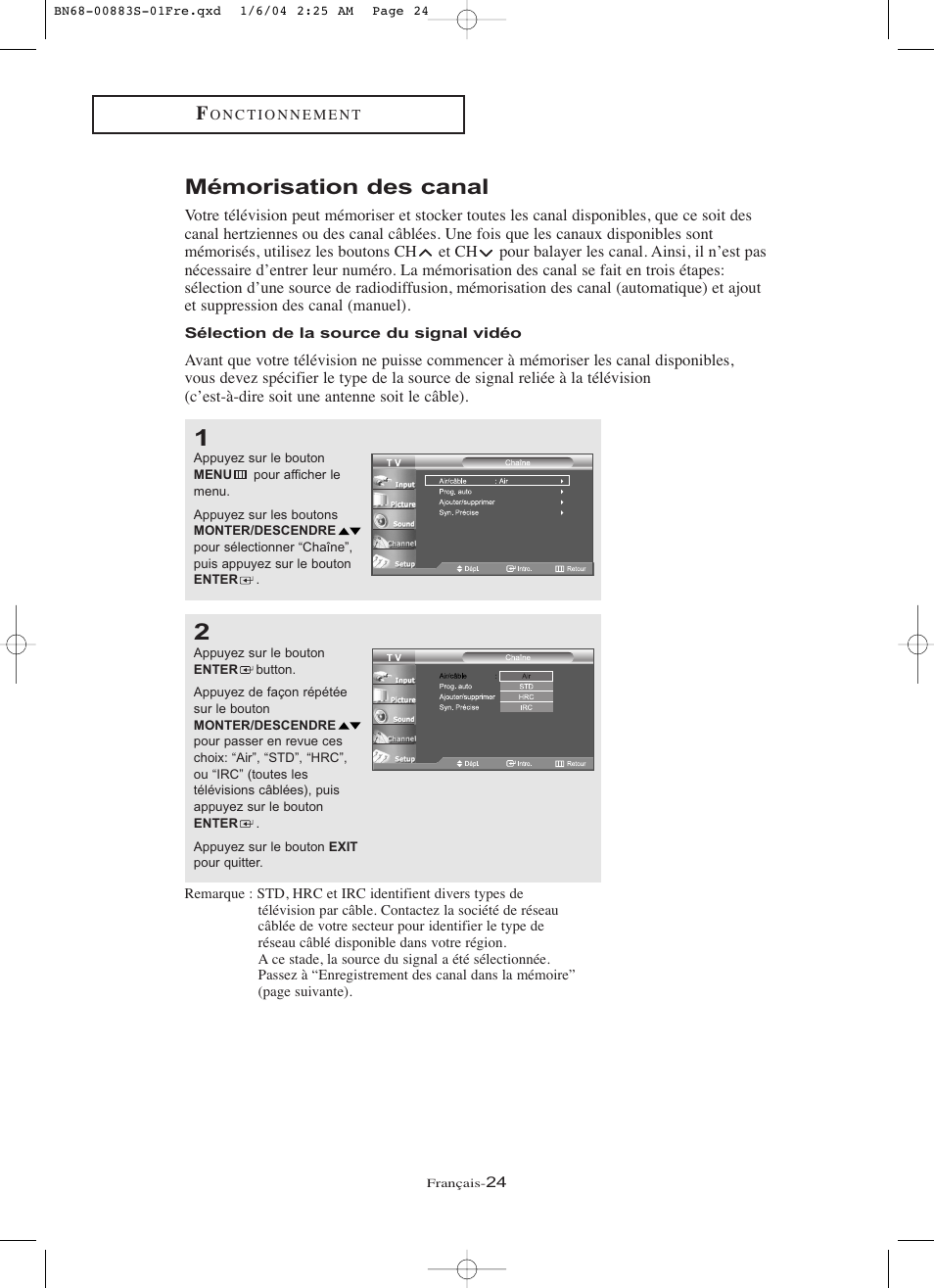 Mémorisation des canal | Samsung LNR238WXCX-XAA User Manual | Page 115 / 258