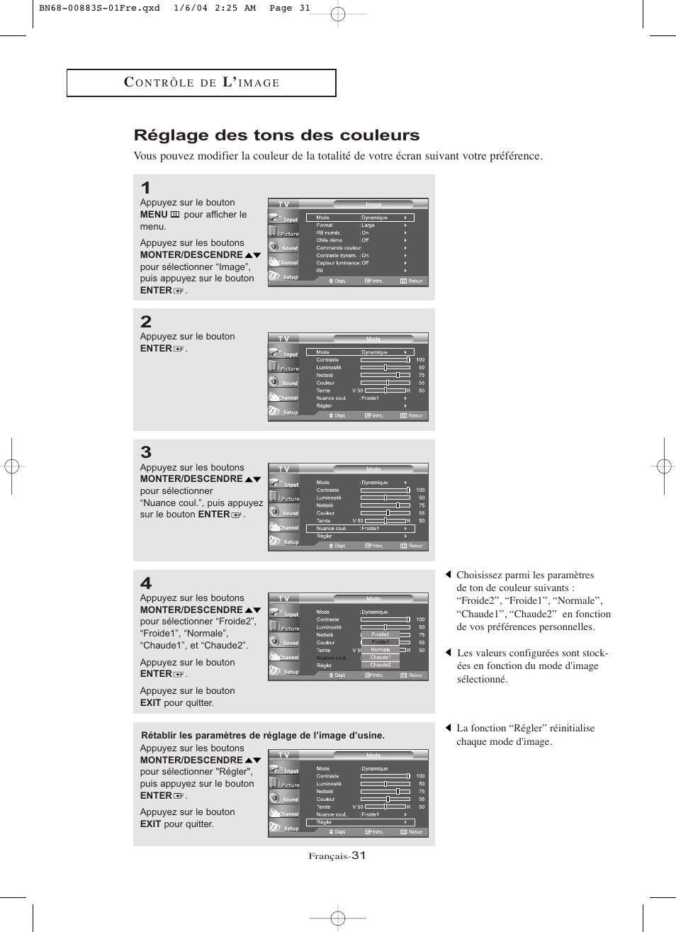 Réglage des tons des couleurs | Samsung LNR238WXCX-XAA User Manual | Page 122 / 258