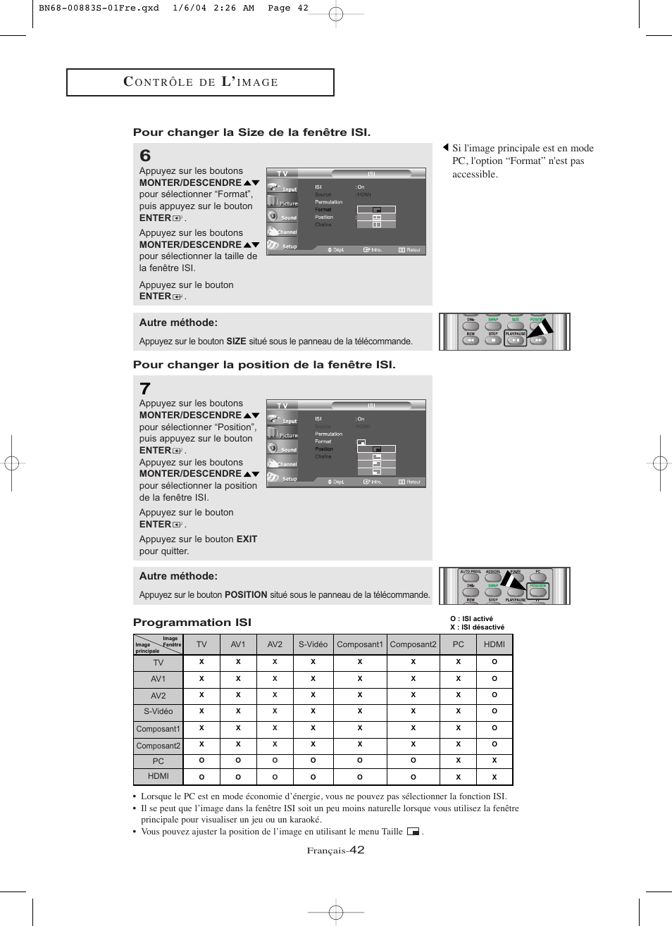Pour changer la position de la fenêtre isi, Autre méthode, Programmation isi | Samsung LNR238WXCX-XAA User Manual | Page 133 / 258