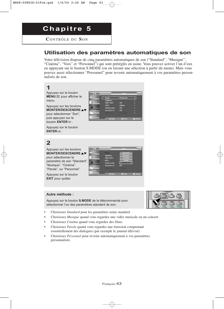 Utilisation des paramètres automatiques de son | Samsung LNR238WXCX-XAA User Manual | Page 134 / 258
