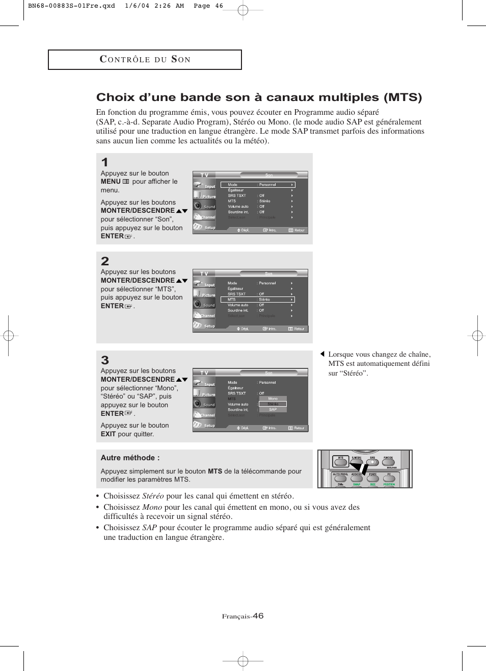 Choix d’une bande son à canaux multiples (mts) | Samsung LNR238WXCX-XAA User Manual | Page 137 / 258