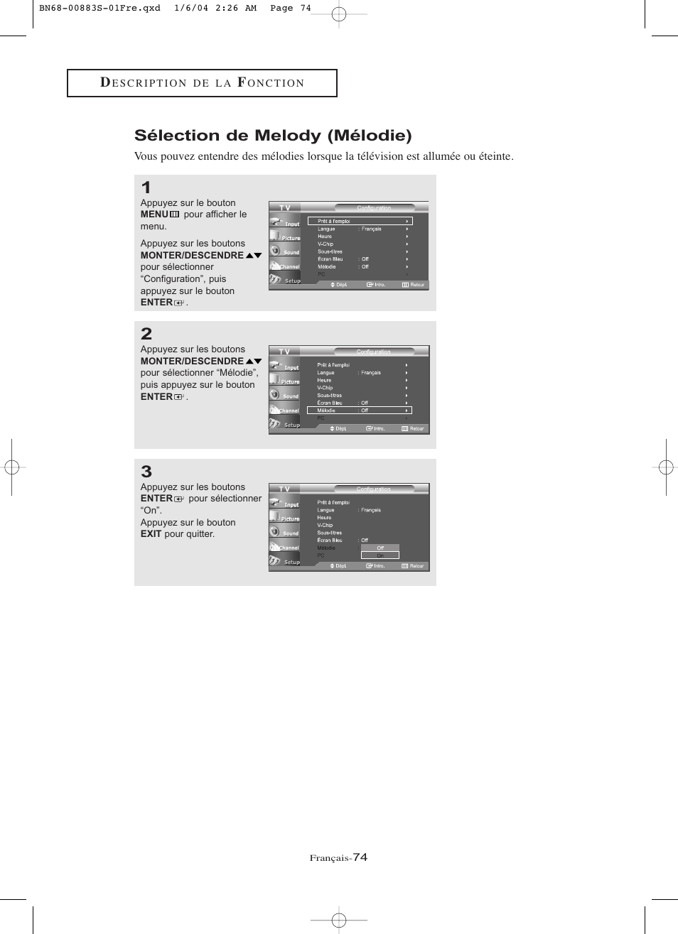 Sélection de melody (mélodie) | Samsung LNR238WXCX-XAA User Manual | Page 165 / 258