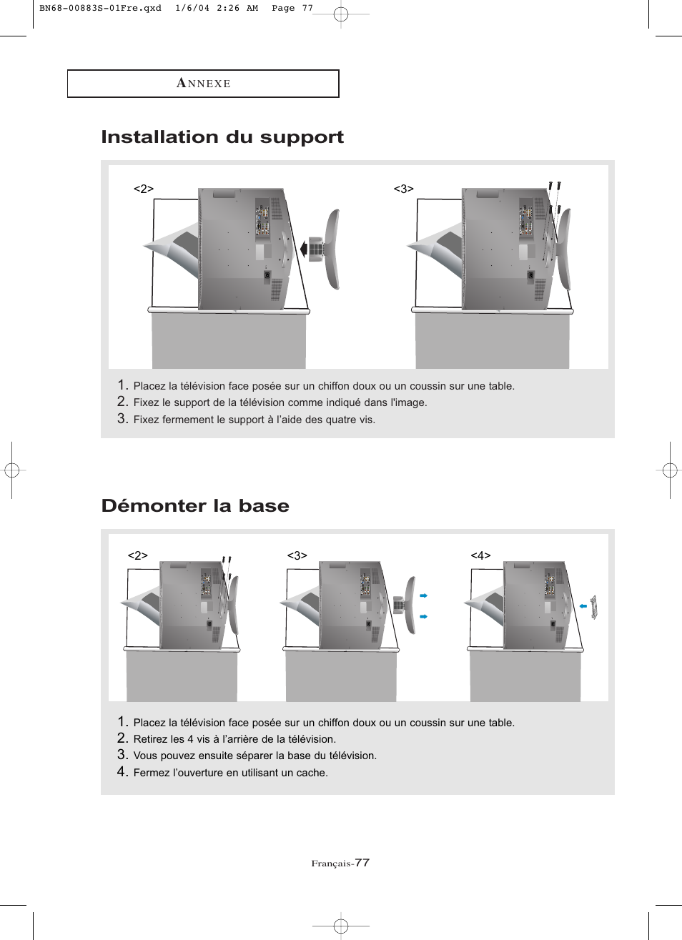 Installation du support démonter la base | Samsung LNR238WXCX-XAA User Manual | Page 168 / 258