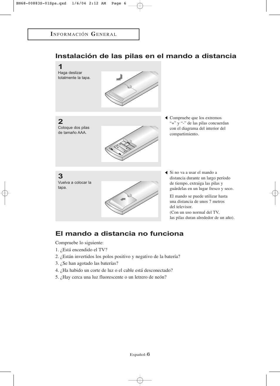 Instalación de las pilas en el mando a distancia, El mando a distancia no funciona | Samsung LNR238WXCX-XAA User Manual | Page 183 / 258