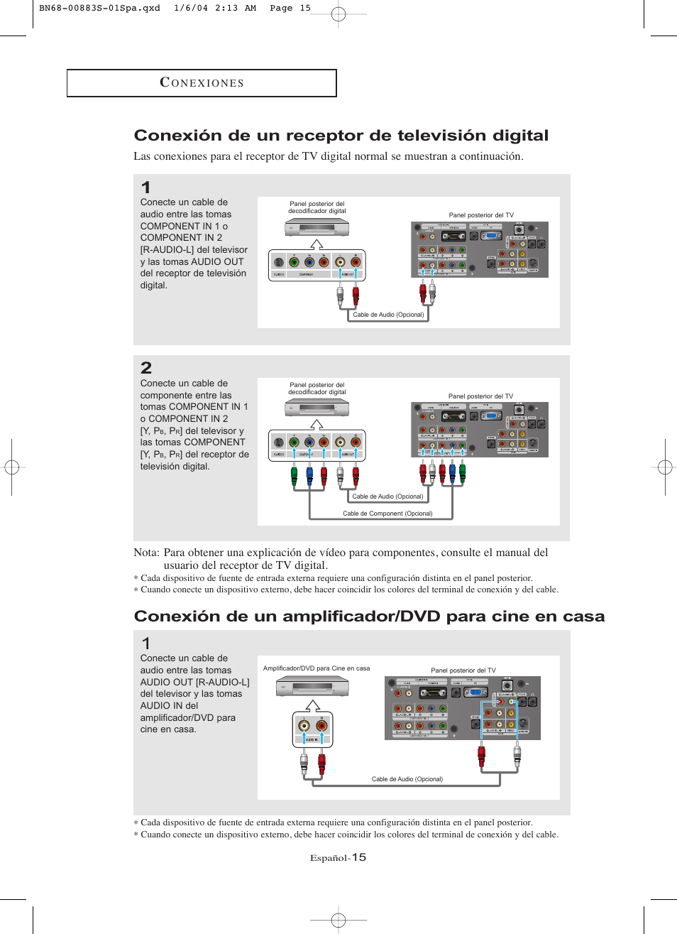 Conexión de un receptor de televisión digital, Conexión de un amplificador/dvd para cine en casa | Samsung LNR238WXCX-XAA User Manual | Page 192 / 258