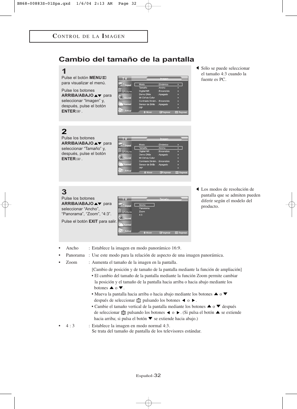 Cambio del tamaño de la pantalla | Samsung LNR238WXCX-XAA User Manual | Page 209 / 258