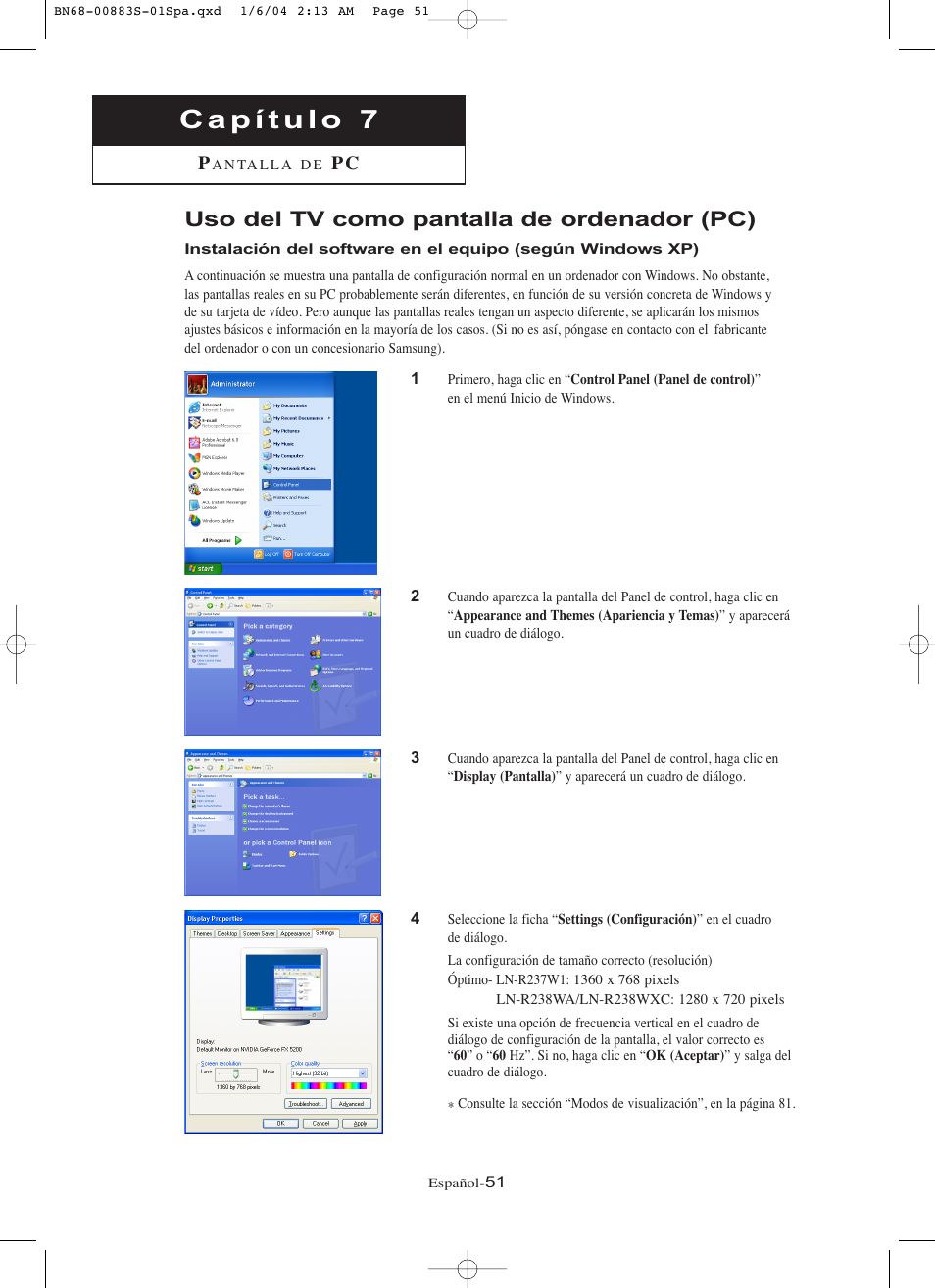 Uso del tv como pantalla de ordenador (pc) | Samsung LNR238WXCX-XAA User Manual | Page 228 / 258