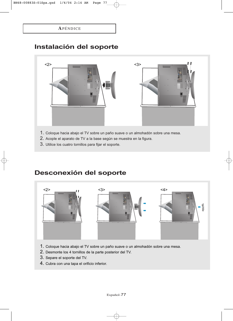 Instalación del soporte desconexión del soporte | Samsung LNR238WXCX-XAA User Manual | Page 254 / 258