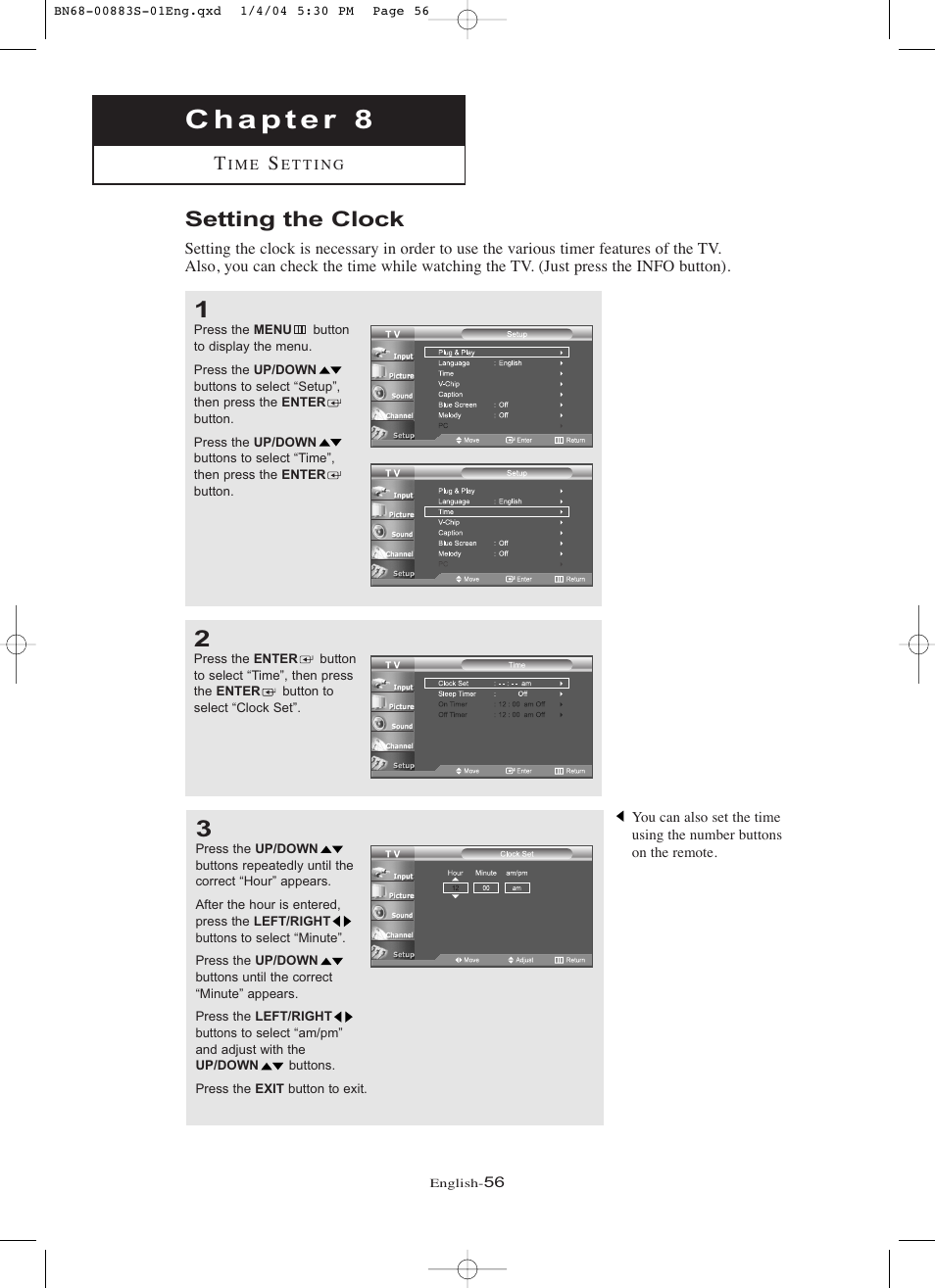 Chapter 8: time setting, Setting the clock | Samsung LNR238WXCX-XAA User Manual | Page 61 / 258
