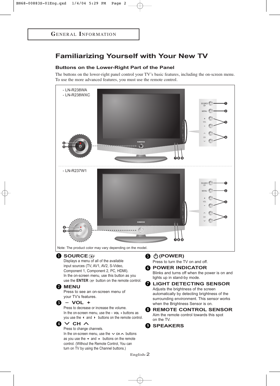Familiarizing yourself with your new tv, Buttons on the lower-right part of the panel | Samsung LNR238WXCX-XAA User Manual | Page 7 / 258
