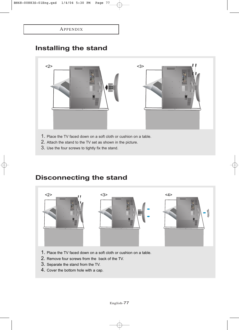 Installing the stand, Disconnecting the stand, Installing the stand disconnecting the stand | Samsung LNR238WXCX-XAA User Manual | Page 82 / 258