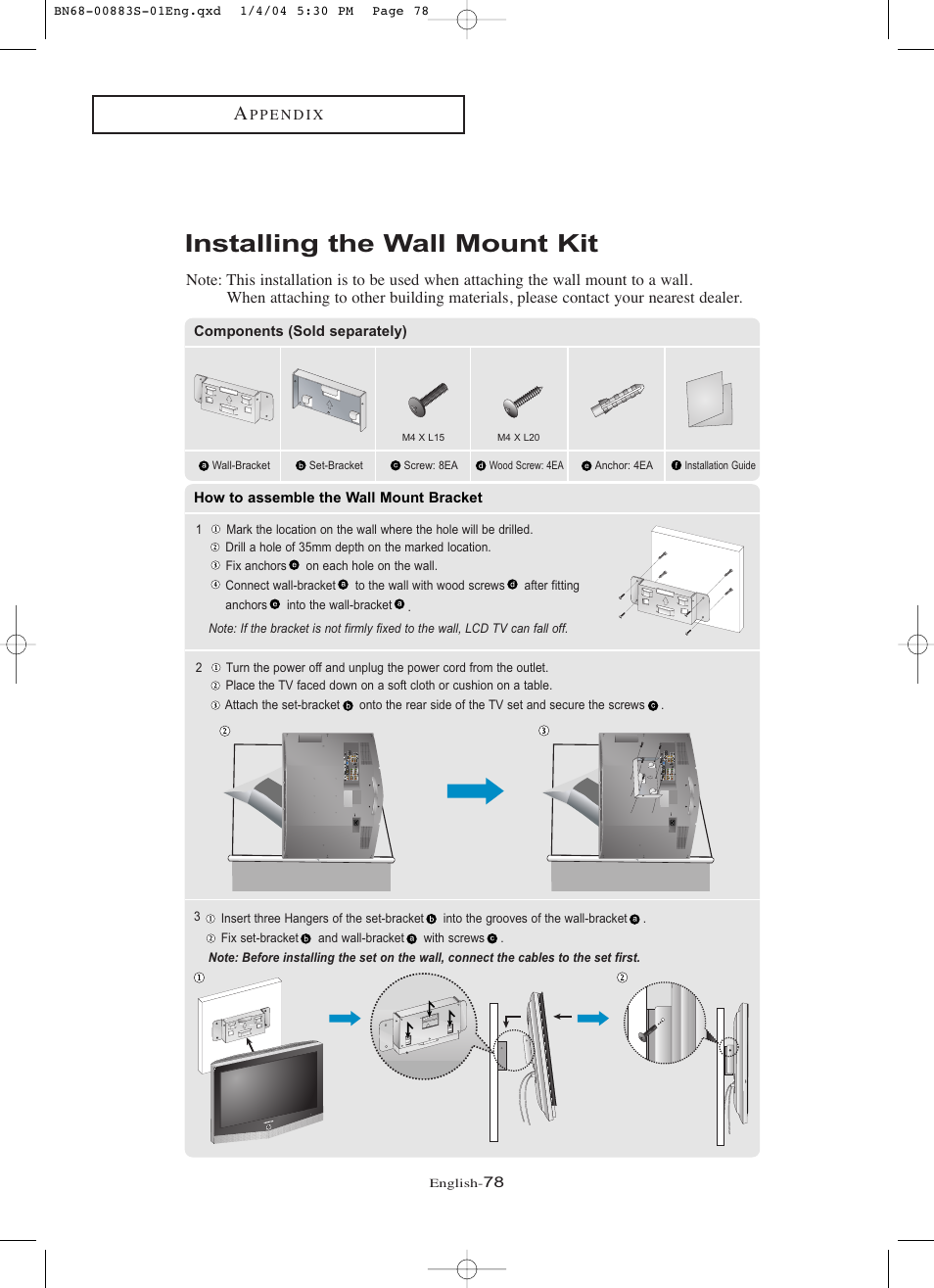 Installing the wall mount kit | Samsung LNR238WXCX-XAA User Manual | Page 83 / 258