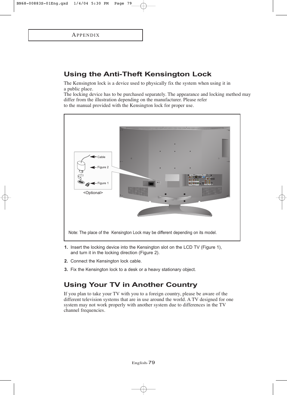 Using the anti-theft kensington lock, Using your tv in another country | Samsung LNR238WXCX-XAA User Manual | Page 84 / 258