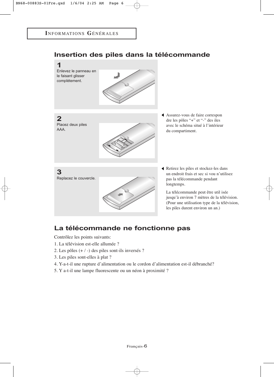 Insertion des piles dans la télécommande, La télécommande ne fonctionne pas | Samsung LNR238WXCX-XAA User Manual | Page 97 / 258