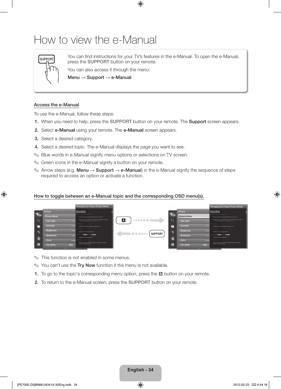 How to view the e-manual, English - 34, This function is not enabled in some menus | Support | Samsung PN51E7000FFXZA User Manual | Page 34 / 45