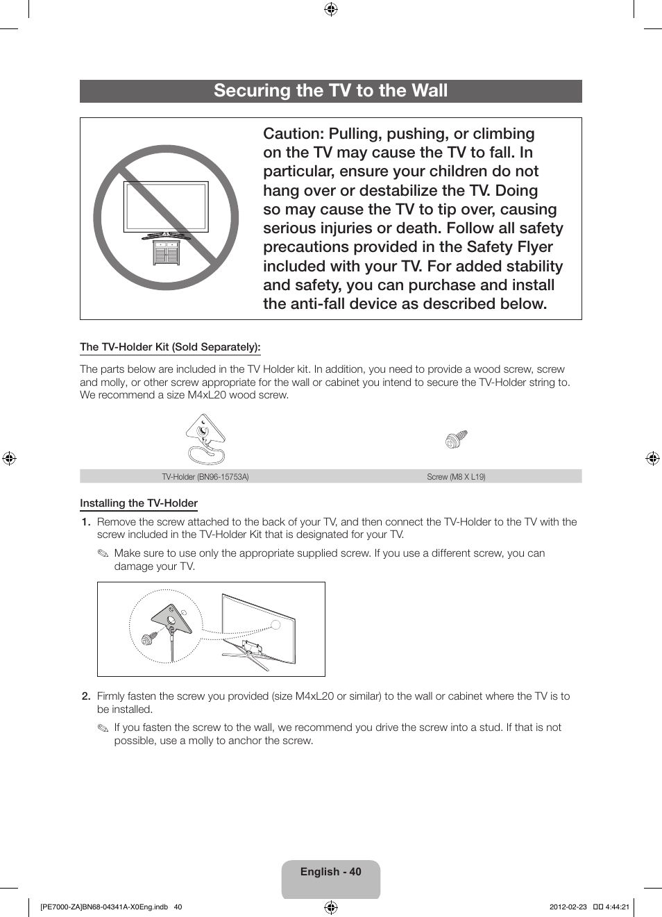 Securing the tv to the wall | Samsung PN51E7000FFXZA User Manual | Page 40 / 45