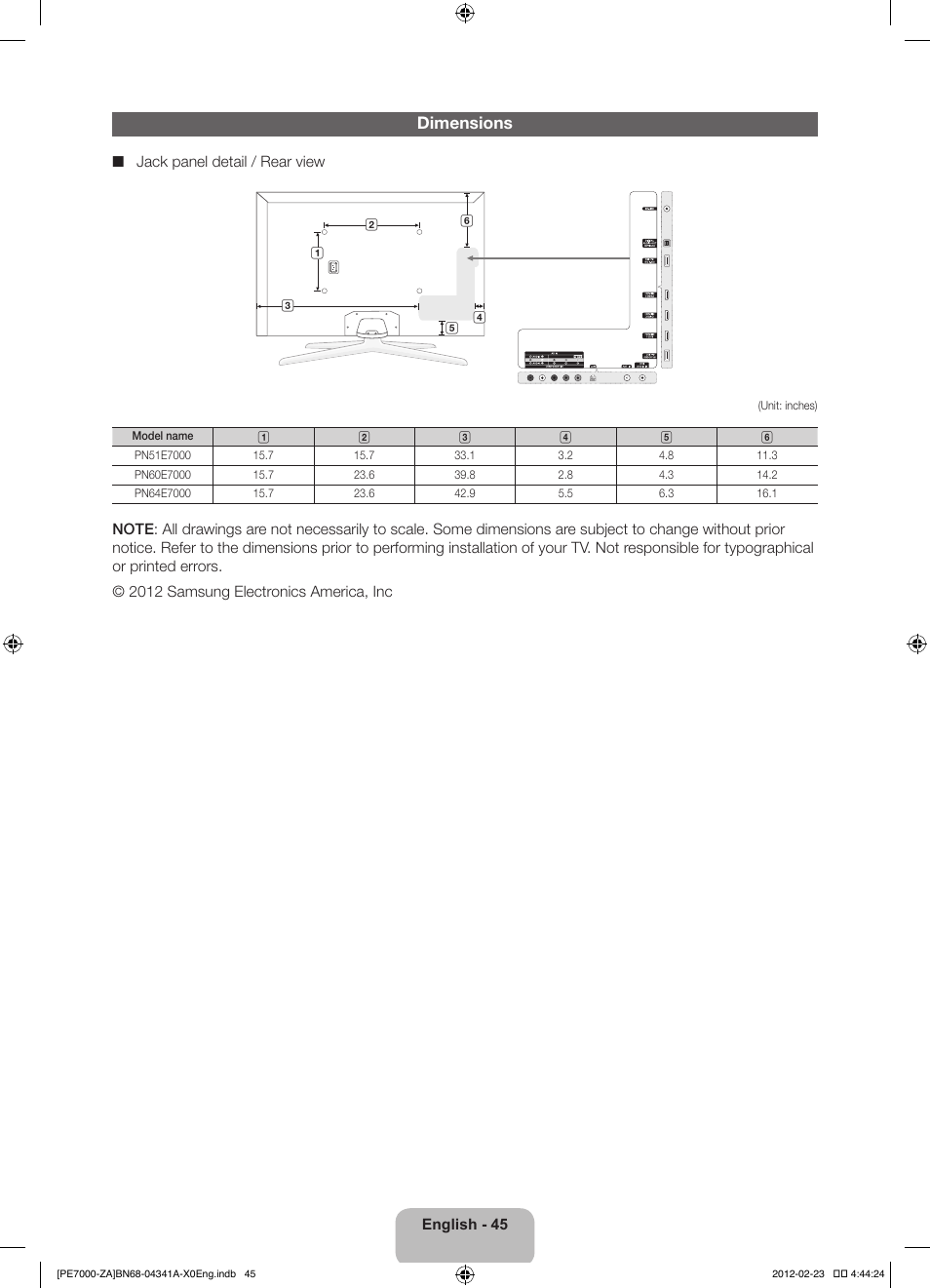 Dimensions | Samsung PN51E7000FFXZA User Manual | Page 45 / 45