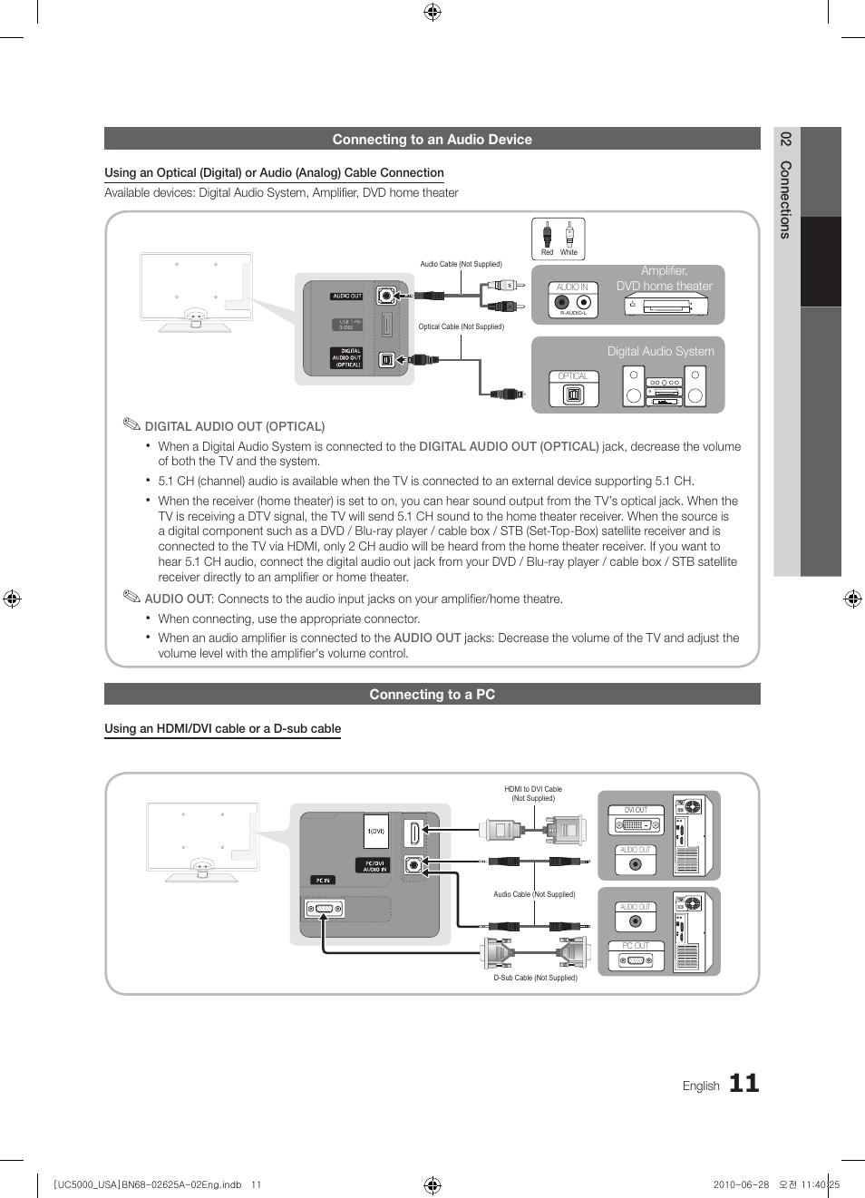 Connecting to an audio device, Connecting to a pc | Samsung UN32C5000QFXZA User Manual | Page 11 / 54