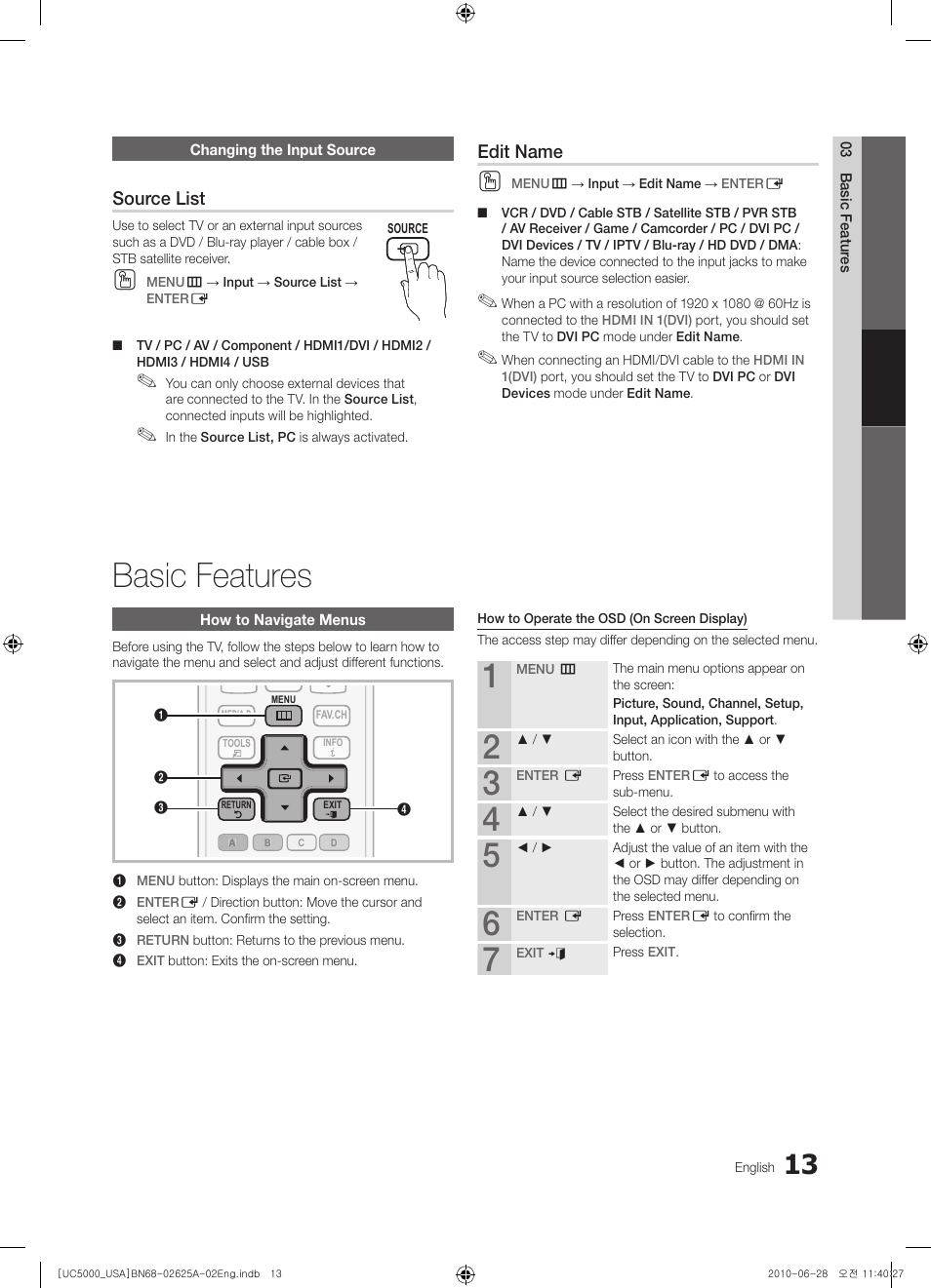 Changing the input source, Basic features, How to navigate menus | Source list, Edit name | Samsung UN32C5000QFXZA User Manual | Page 13 / 54