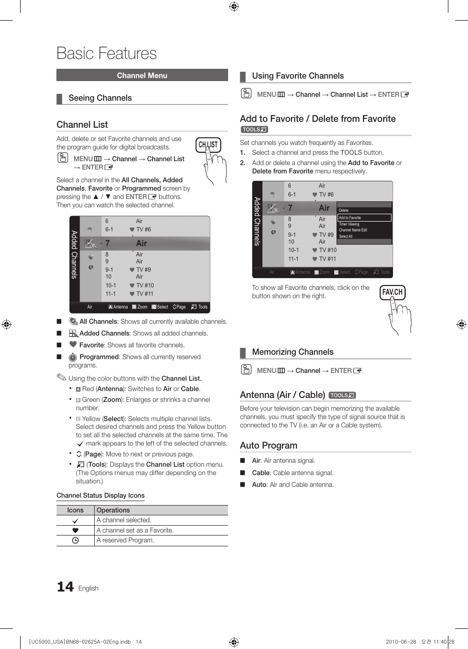 Channel menu, Basic features, Channel list | Add to favorite / delete from favorite, Antenna (air / cable), Auto program | Samsung UN32C5000QFXZA User Manual | Page 14 / 54