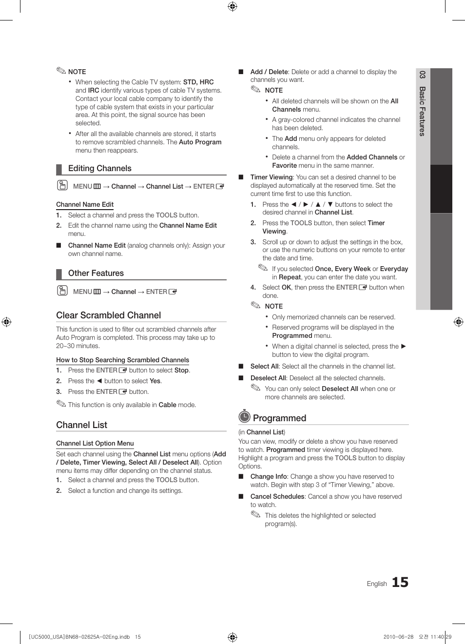 Clear scrambled channel, Channel list, Programmed | Samsung UN32C5000QFXZA User Manual | Page 15 / 54