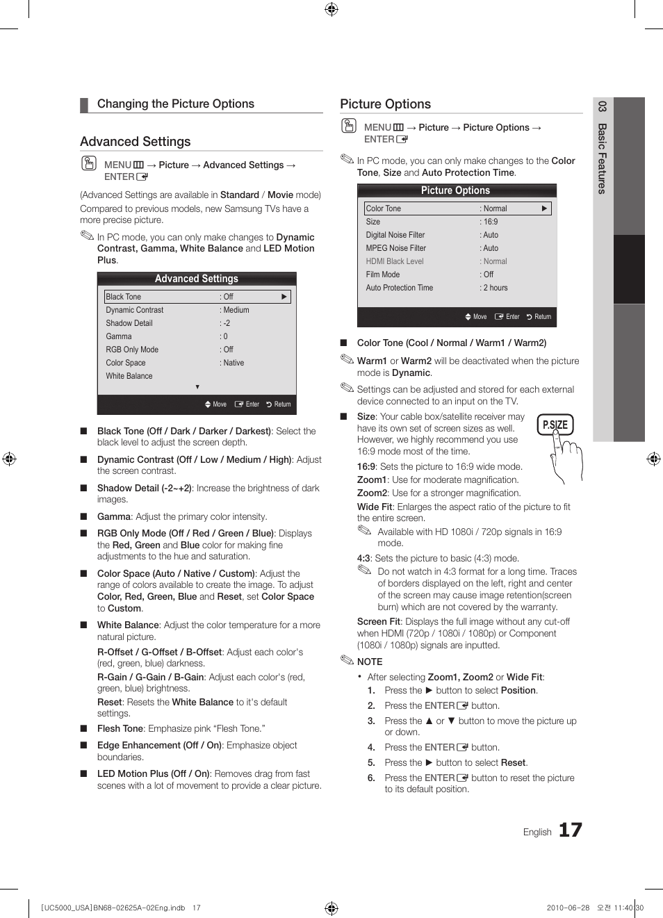 Advanced settings, Picture options | Samsung UN32C5000QFXZA User Manual | Page 17 / 54