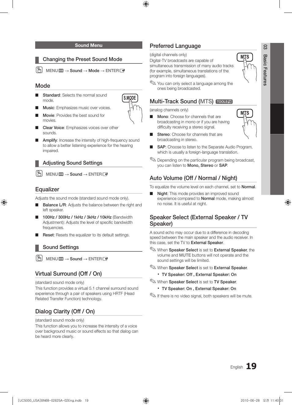 Sound menu | Samsung UN32C5000QFXZA User Manual | Page 19 / 54