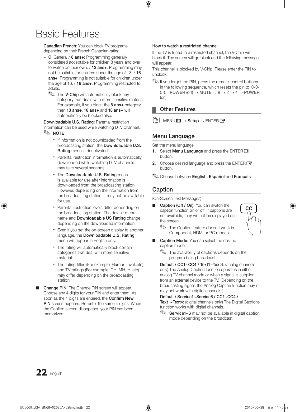 Basic features | Samsung UN32C5000QFXZA User Manual | Page 22 / 54