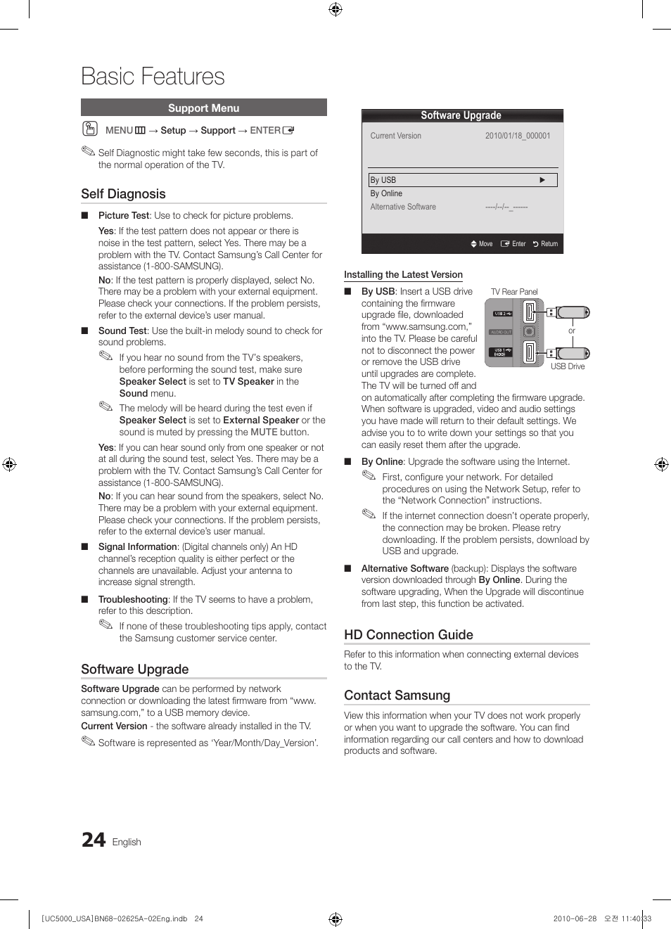 Support menu, Basic features, Self diagnosis | Software upgrade, Hd connection guide, Contact samsung | Samsung UN32C5000QFXZA User Manual | Page 24 / 54