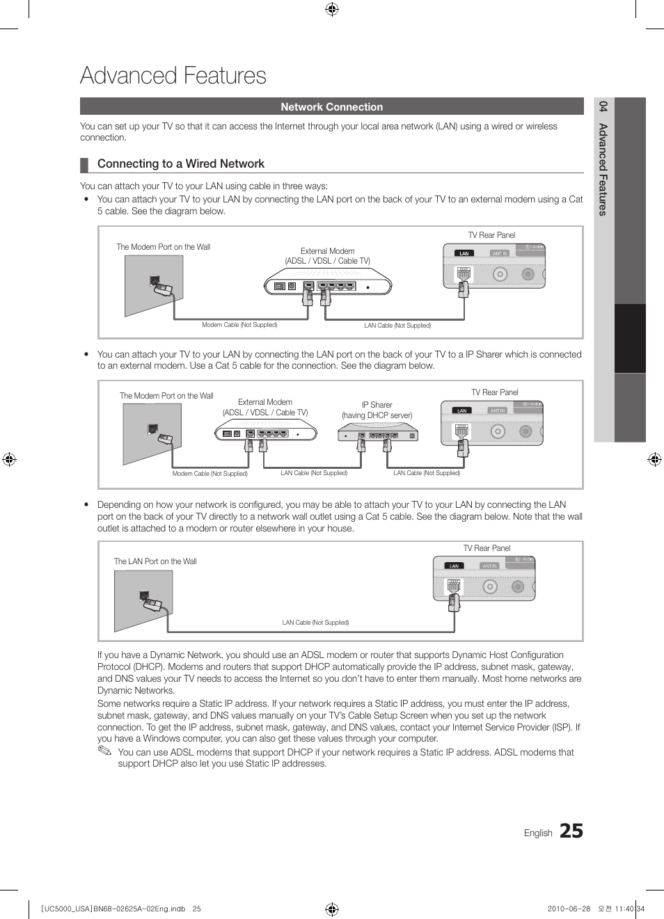 Advanced features, Network connection | Samsung UN32C5000QFXZA User Manual | Page 25 / 54