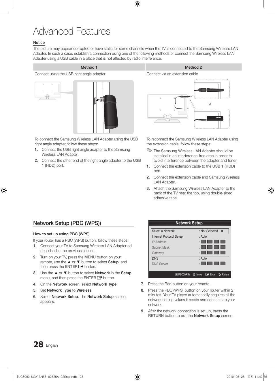 Advanced features, Network setup (pbc (wps)) | Samsung UN32C5000QFXZA User Manual | Page 28 / 54