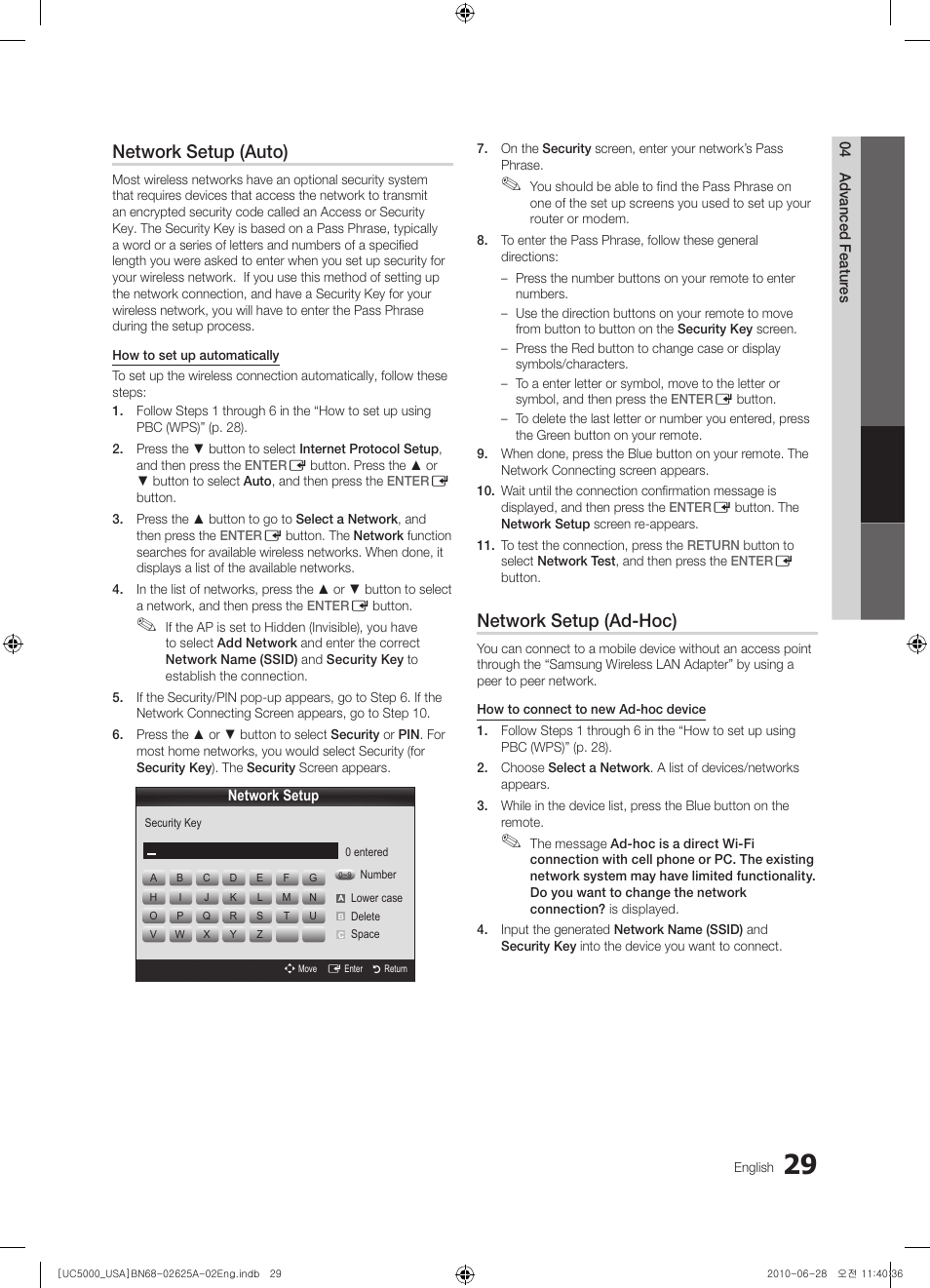 Network setup (auto), Network setup (ad-hoc) | Samsung UN32C5000QFXZA User Manual | Page 29 / 54