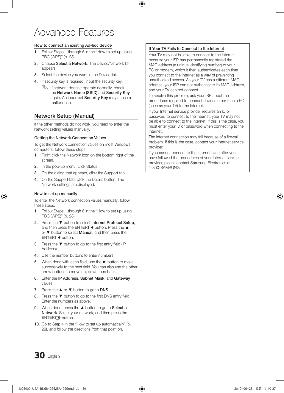 Advanced features, Network setup (manual) | Samsung UN32C5000QFXZA User Manual | Page 30 / 54