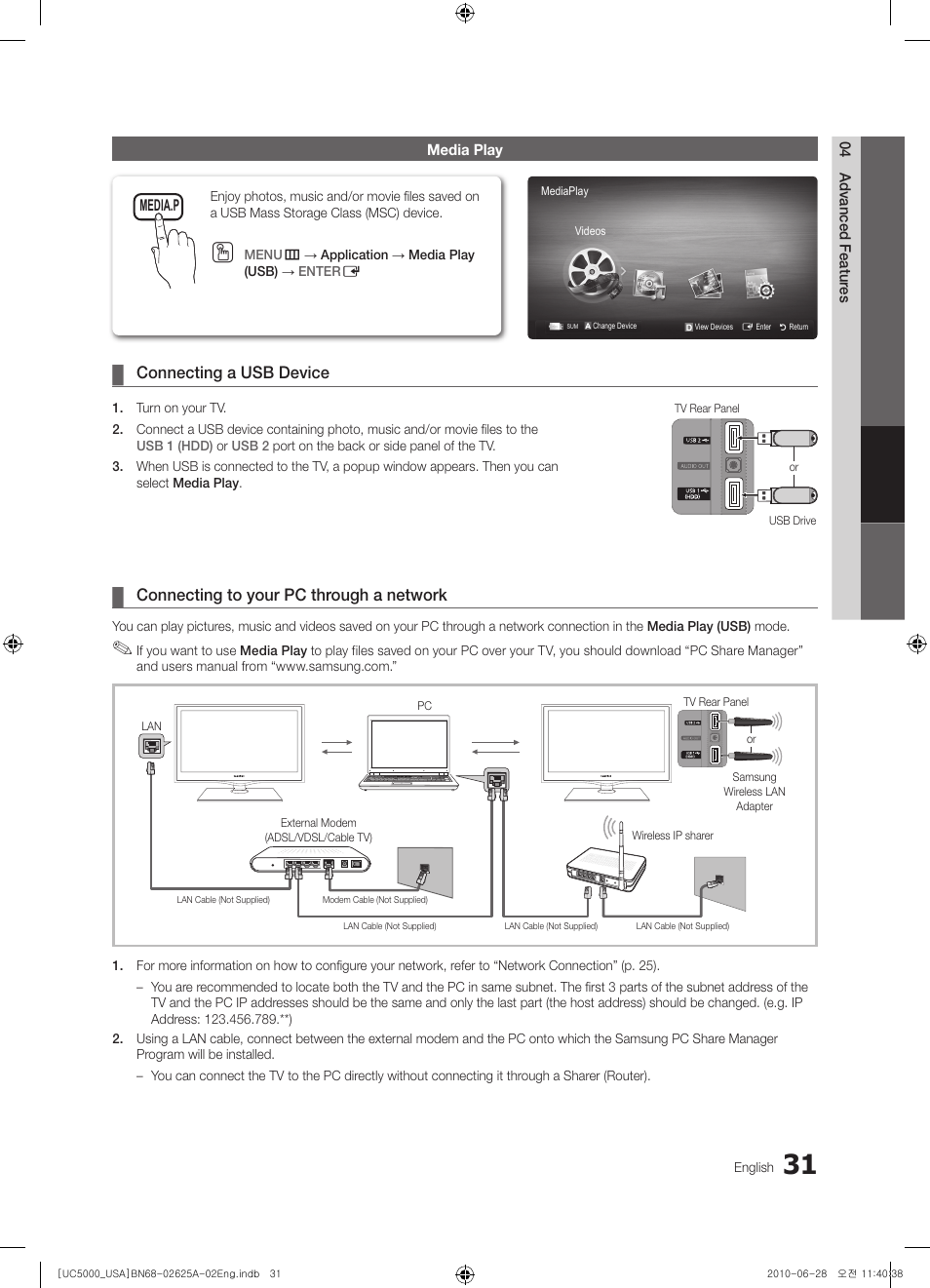 Media play, Connecting a usb device, Connecting to your pc through a network | Samsung UN32C5000QFXZA User Manual | Page 31 / 54