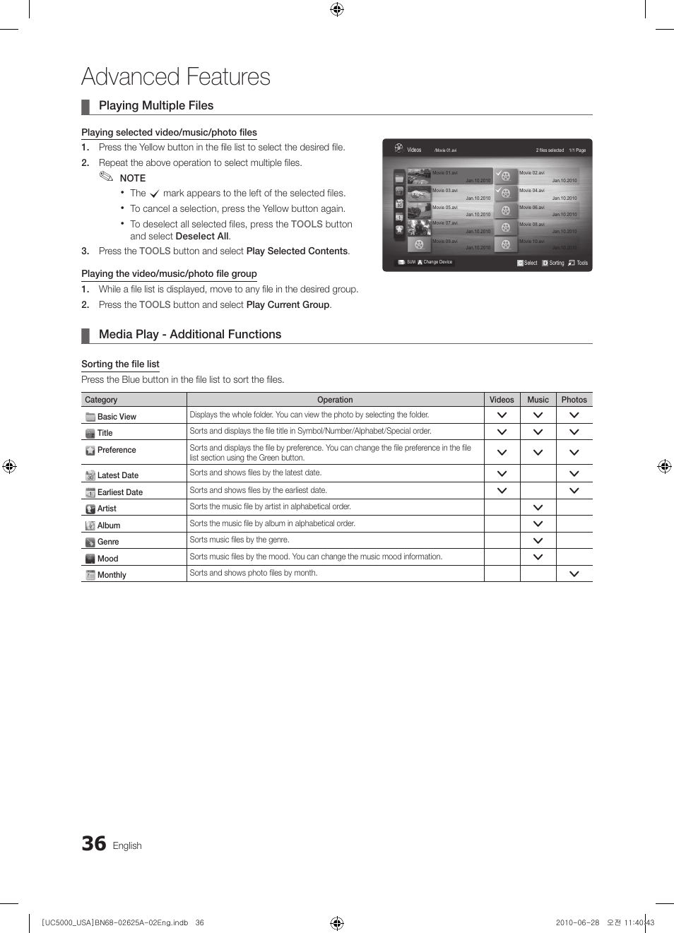 Advanced features, Playing multiple files, Media play - additional functions | Samsung UN32C5000QFXZA User Manual | Page 36 / 54