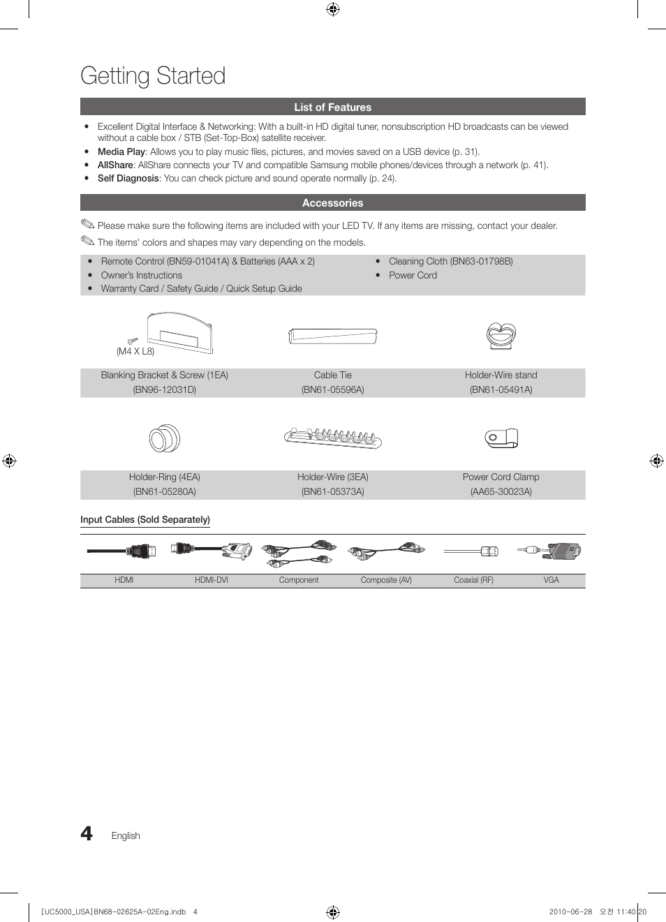 Getting started, List of features, Accessories | Samsung UN32C5000QFXZA User Manual | Page 4 / 54