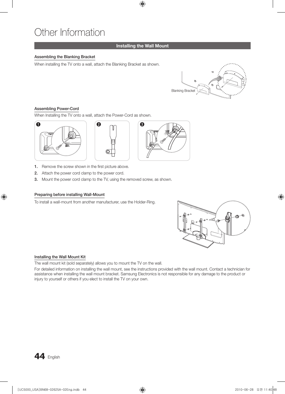 Installing the wall mount, Other information | Samsung UN32C5000QFXZA User Manual | Page 44 / 54