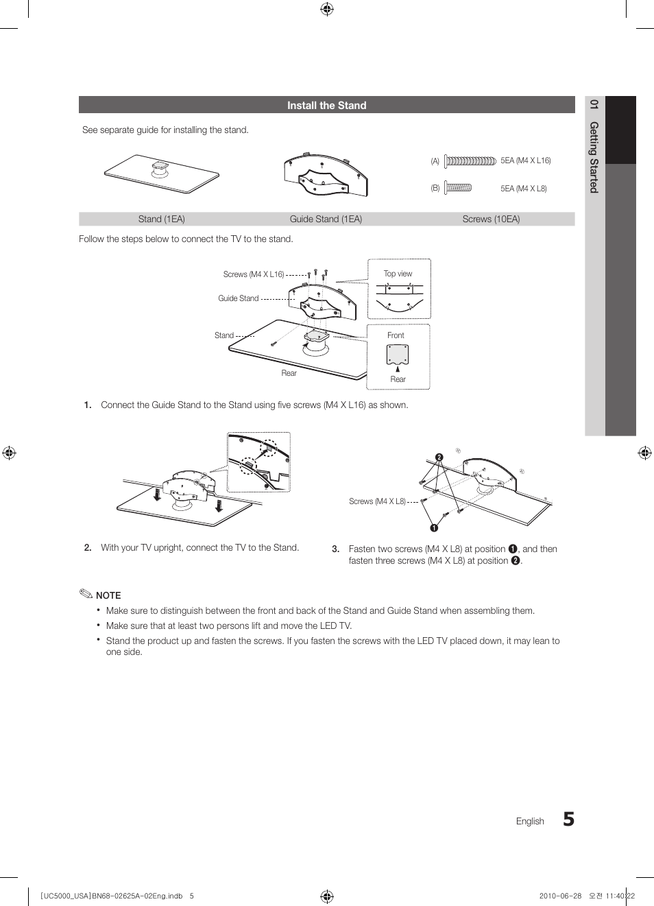 Install the stand, 01 getting started | Samsung UN32C5000QFXZA User Manual | Page 5 / 54