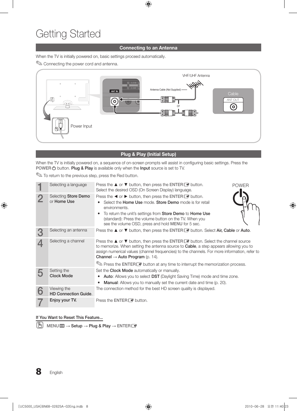 Connecting to an antenna, Plug & play (initial setup), Getting started | Info guide | Samsung UN32C5000QFXZA User Manual | Page 8 / 54