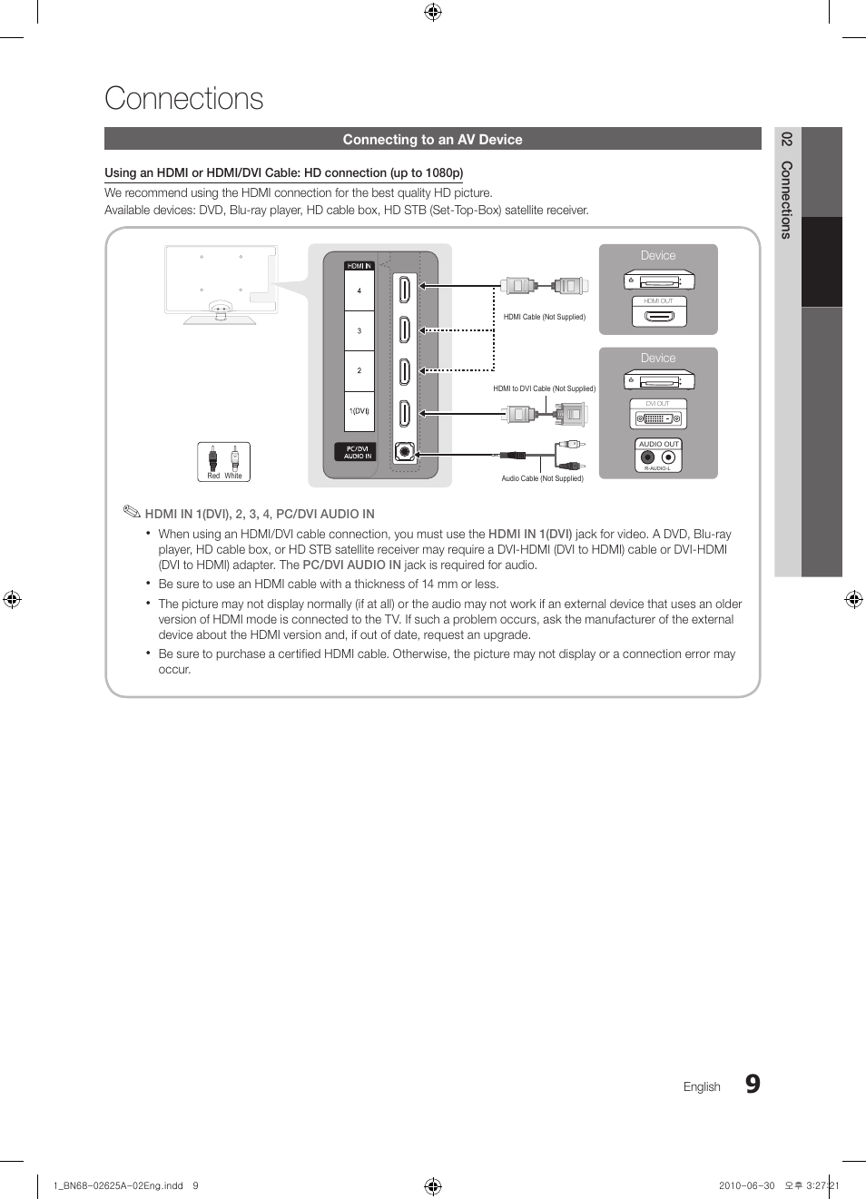 Connections, Connecting to an av device | Samsung UN32C5000QFXZA User Manual | Page 9 / 54