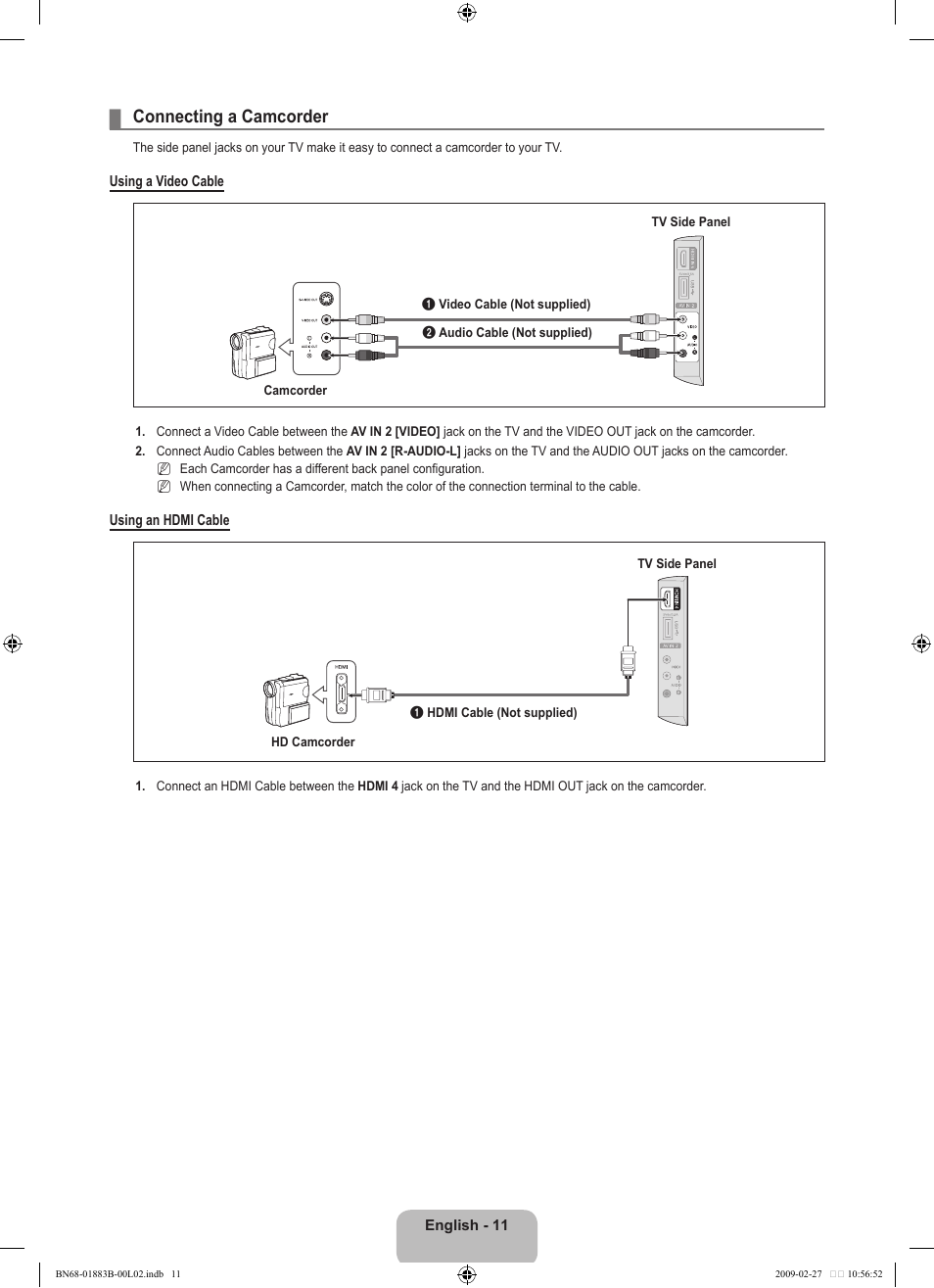 Connecting a camcorder | Samsung LN40B540P8FUZA User Manual | Page 13 / 89