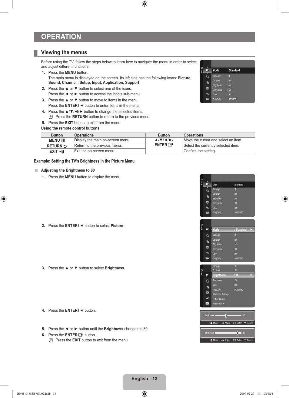 Operation, Viewing the menus, English - 1 | Samsung LN40B540P8FUZA User Manual | Page 15 / 89