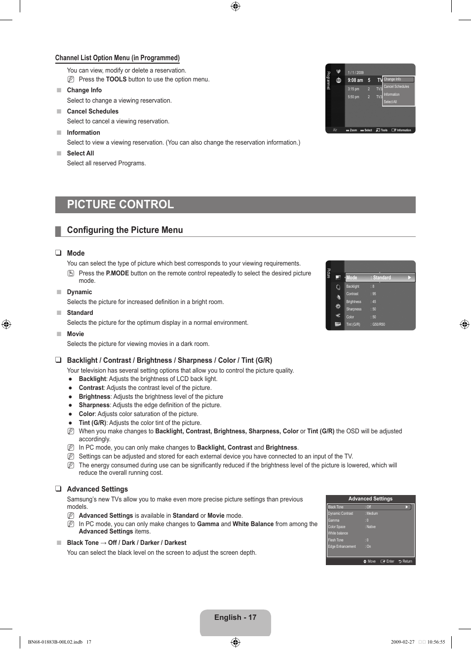 Picture control, Configuring the picture menu, Mode | Advanced settings | Samsung LN40B540P8FUZA User Manual | Page 19 / 89