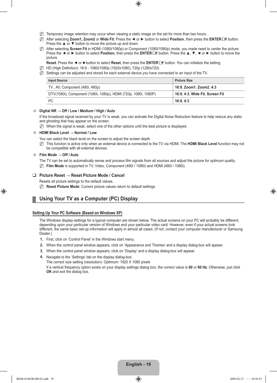 Using your tv as a computer (pc) display | Samsung LN40B540P8FUZA User Manual | Page 21 / 89