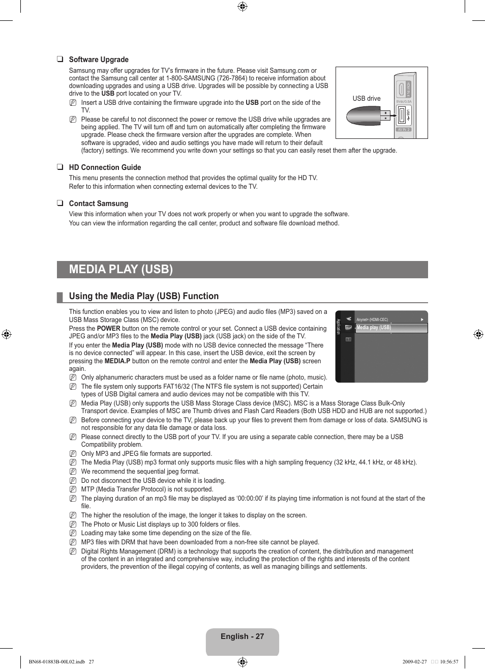 Media play (usb), Using the media play (usb) function | Samsung LN40B540P8FUZA User Manual | Page 29 / 89