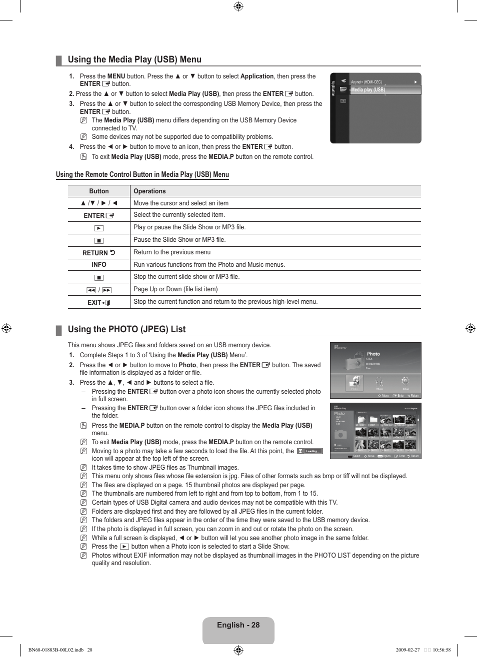 Using the media play (usb) menu, Using the photo (jpeg) list | Samsung LN40B540P8FUZA User Manual | Page 30 / 89